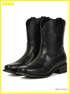 Square Toe Ankle Western Cowboy Boots Faux Leather Pull-On Low Heel